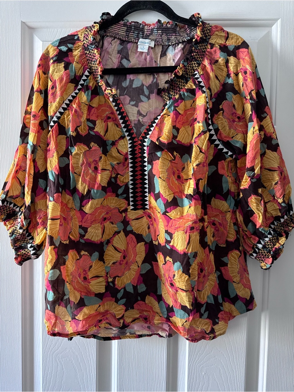 Sundance S Floral Cotton Embroidered Peasant Blouse - Black, Yellow & Pink Boho